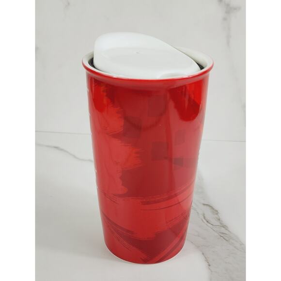 Starbucks Red Tall Travel Coffee Mug Tumbler Holiday 12oz Ceramic 6" Double Wall - Picture 7 of 14